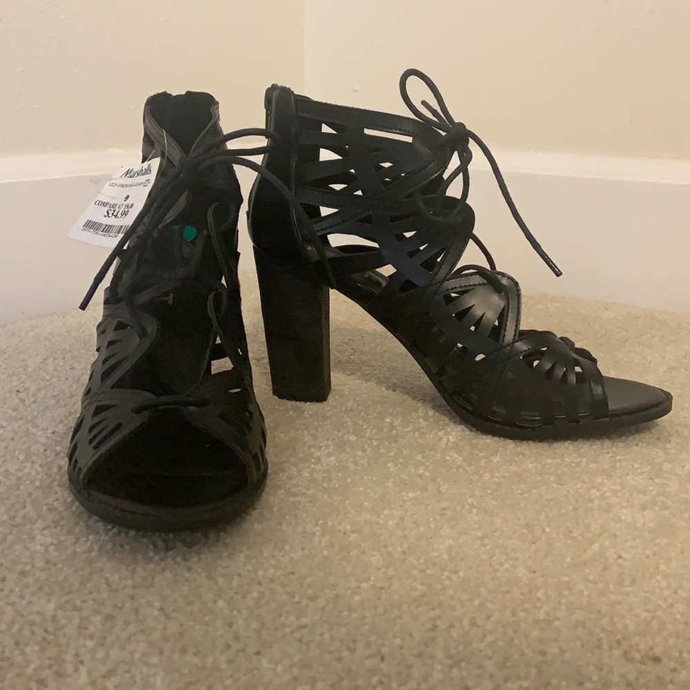 Black lace up high heels